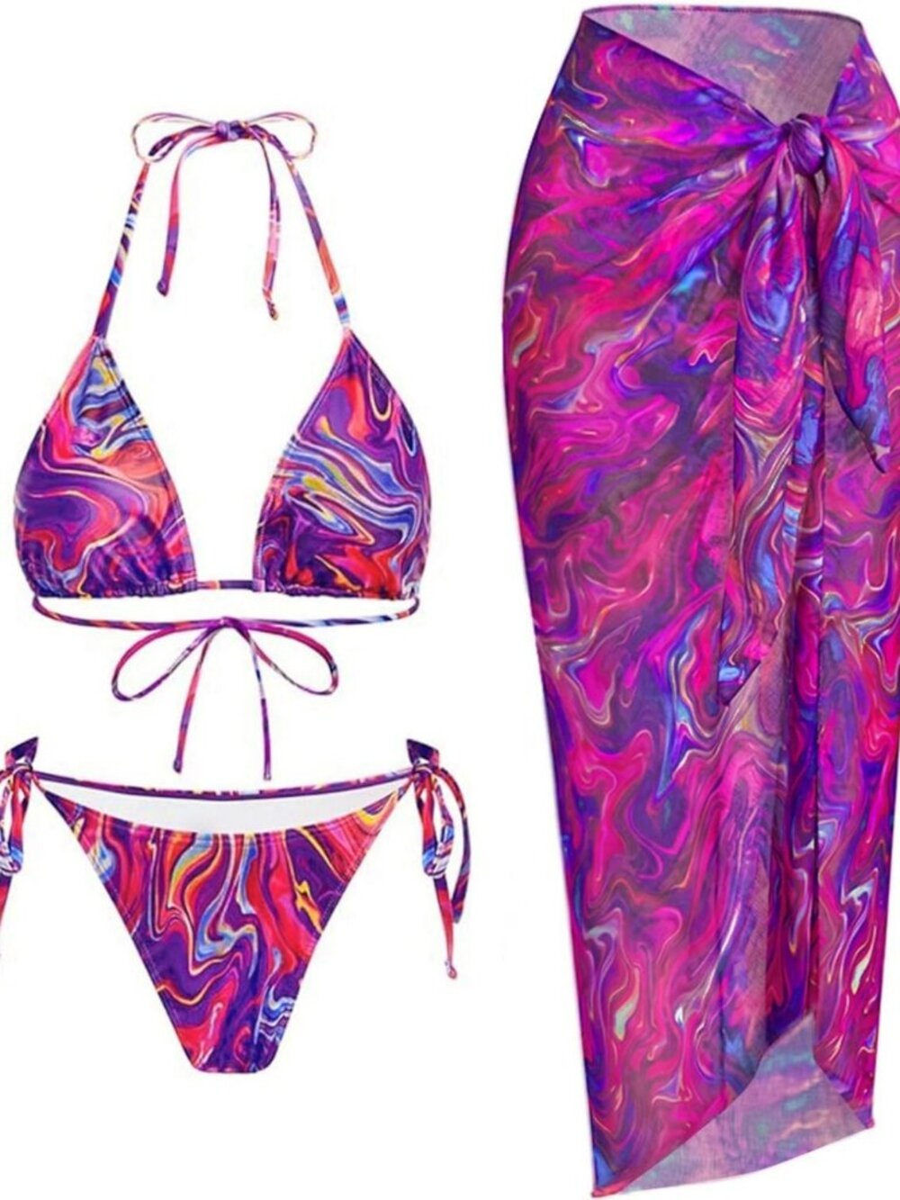 Stylish 3-Piece Women's Swimsuit Set - Triangle Halter Bikini & Sarong Cover-Up